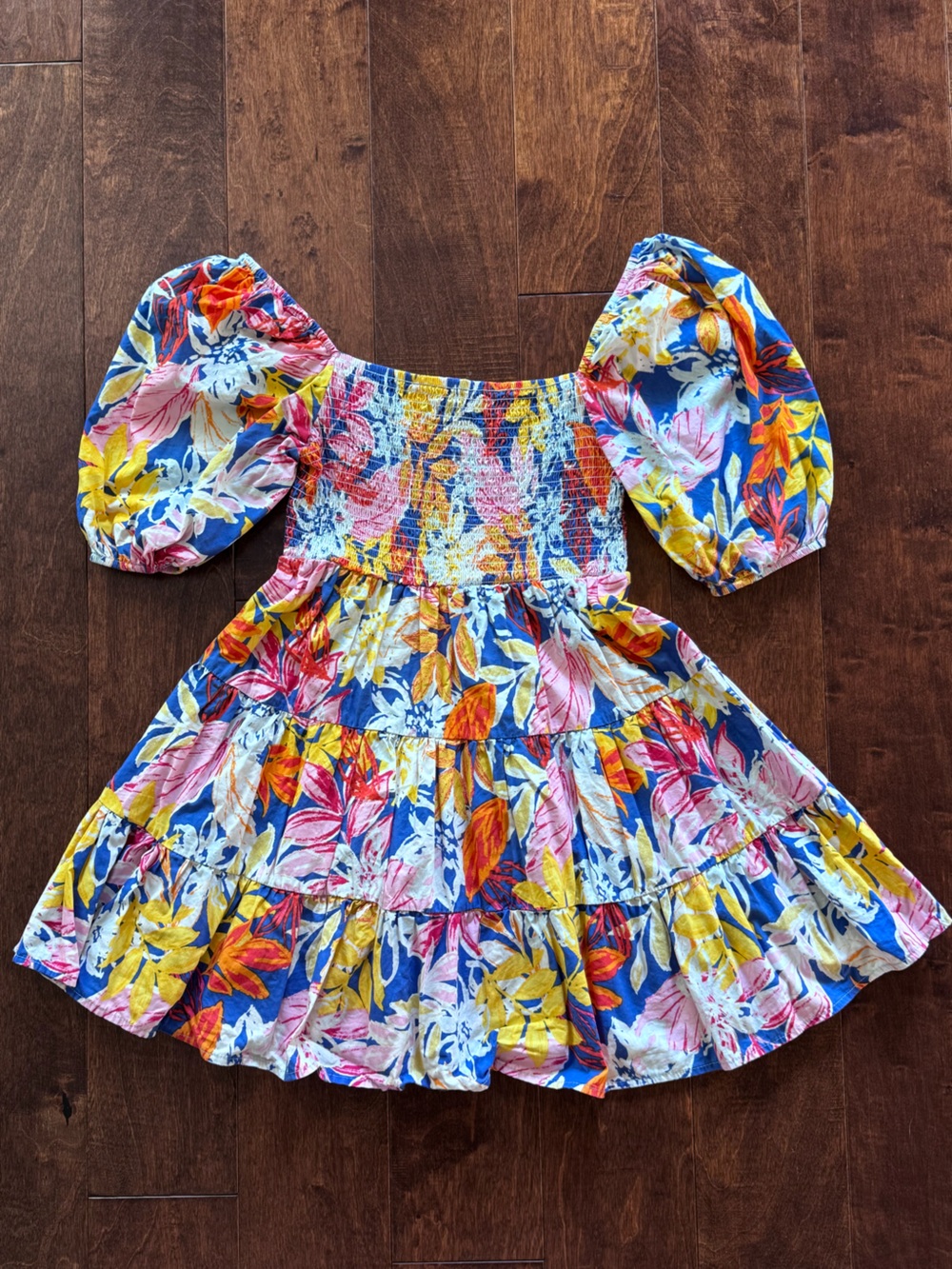 Flying Tomato Blue, Yellow & Pink Floral Smocked Dress - Size S
